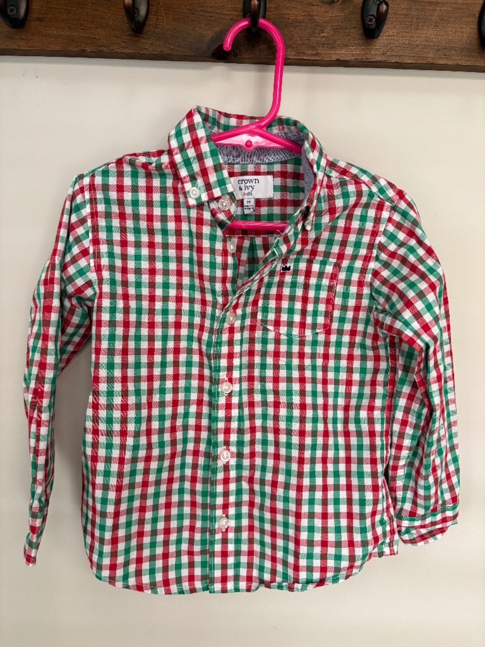 Crown & Ivy Kids Boys Red Green Gingham Button Down Shirt 3T Christmas Plaid 🎄